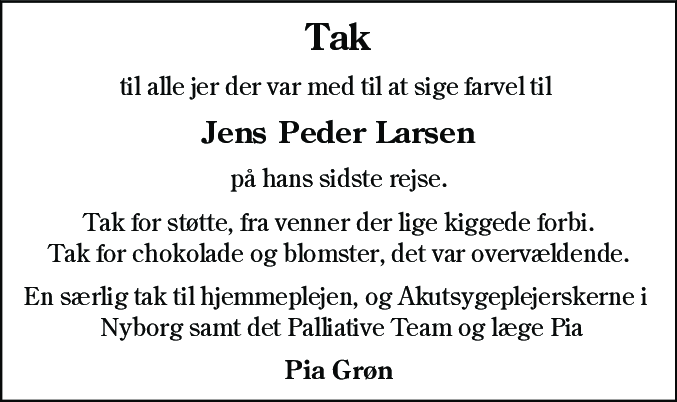 Dødsannonce for Jens Peder Larsen