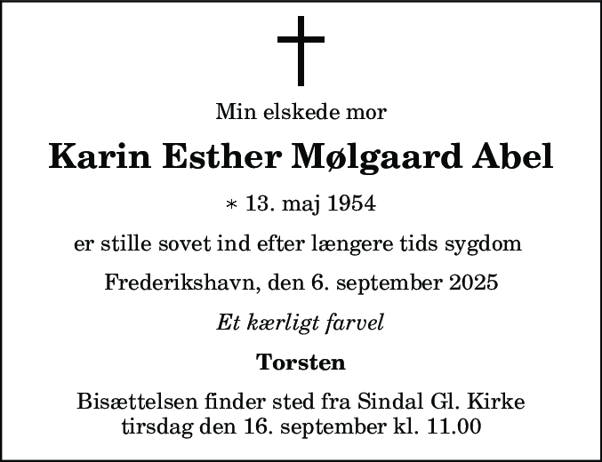 Dødsannonce for Karin Esther Mølgaard Abel