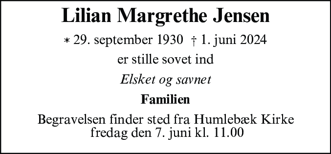 Dødsannonce for Lillian Margrethe Jensen