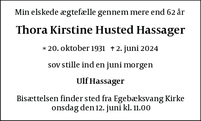 Dødsannonce for Thora Kirstine Husted Hassager
