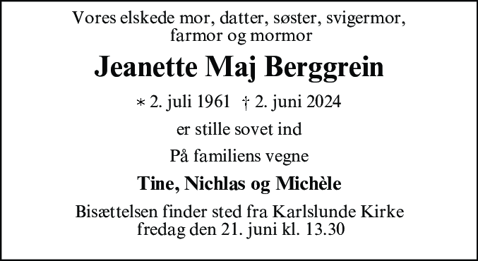 Dødsannonce for Jeanette Maj Berggrein