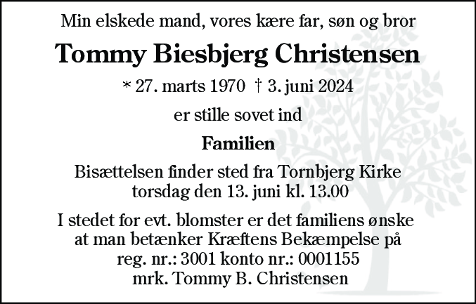 Dødsannonce for Tommy Biesbjerg Christensen