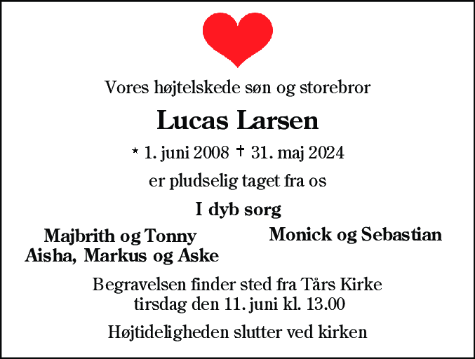 Dødsannonce for Lucas Larsen