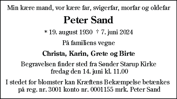 Dødsannonce for Peter Sand