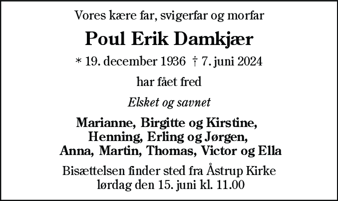Dødsannonce for Poul Erik Damkjær