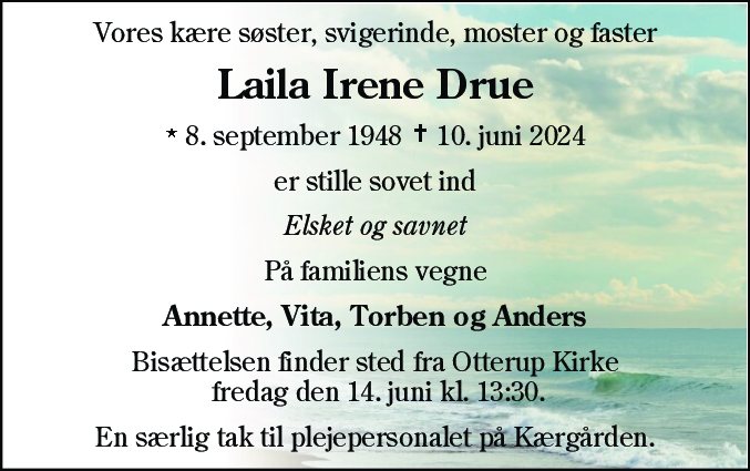 Dødsannonce for Laila Irene Drue