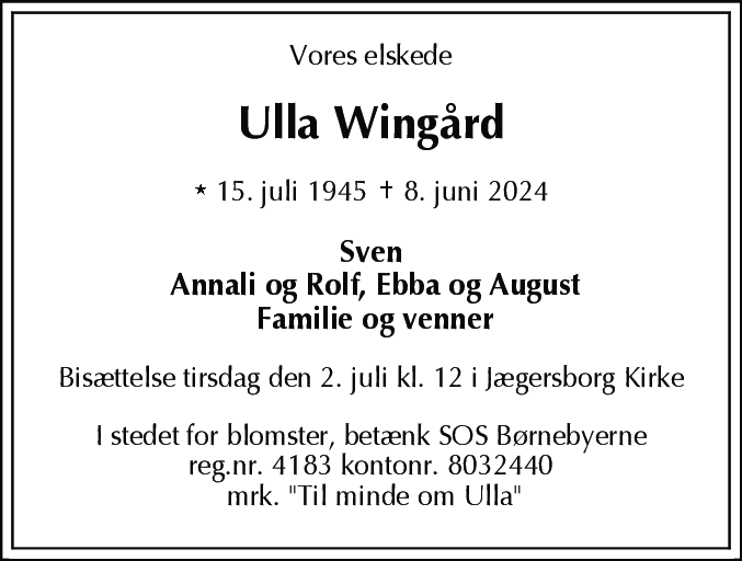 Dødsannonce for Ulla Anne-Grete Wingård