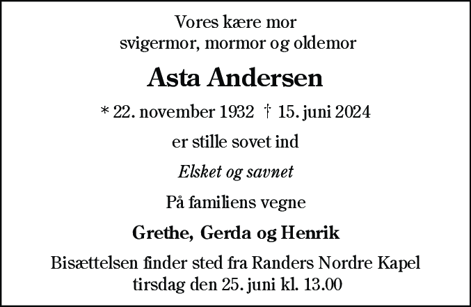 Dødsannonce for Asta Andersen