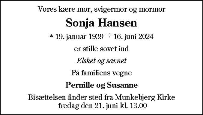 Dødsannonce for Sonja Hansen