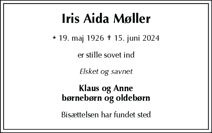 Dødsannonce for Iris Aida Møller