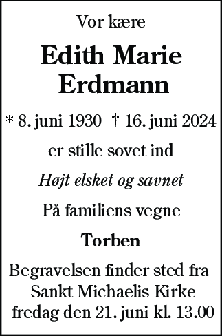 Dødsannonce for Edith Marie Erdmann