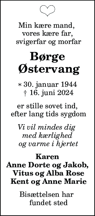 Dødsannonce for Børge Gunnar Østervang