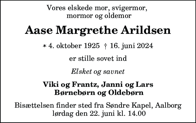 Dødsannonce for Aase Margrethe Arildsen