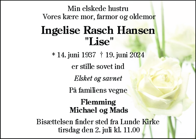 Dødsannonce for Ingelise Hansen