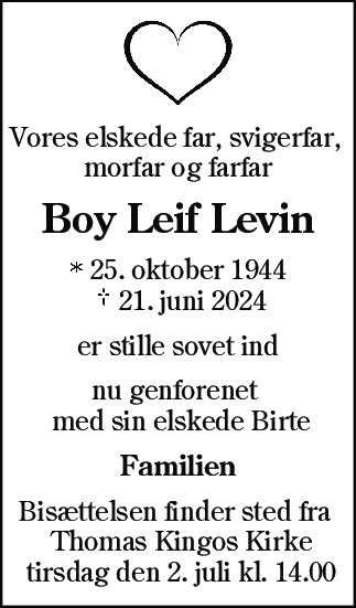 Dødsannonce for Boy Leif Levin