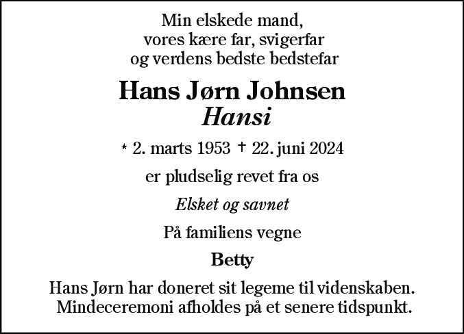 Dødsannonce for Hans Jørn Johnsen