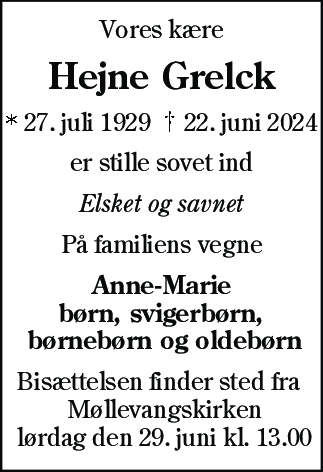 Dødsannonce for Hejne Grelck