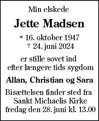 Dødsannonce for Jette Madsen