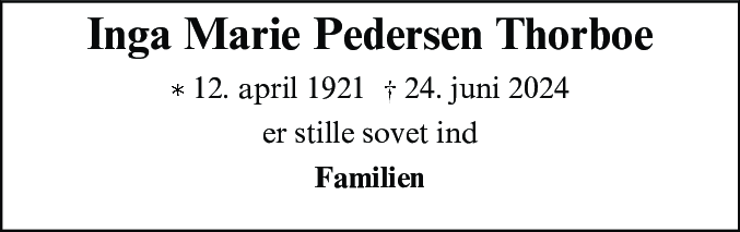 Dødsannonce for Inga Marie Pedersen Thorboe