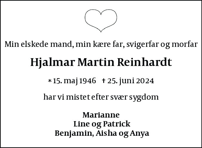Dødsannonce for Hjalmar Martin Reinhardt