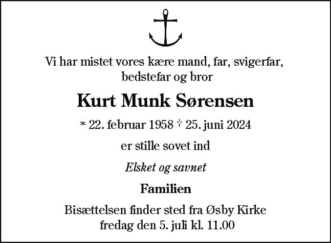 Dødsannonce for Kurt Munk Sørensen