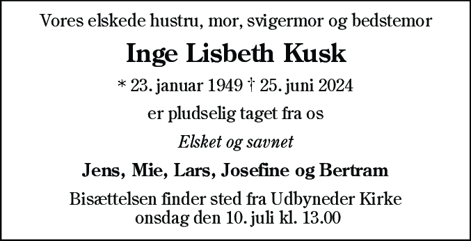 Dødsannonce for Inge Lisbeth Kusk