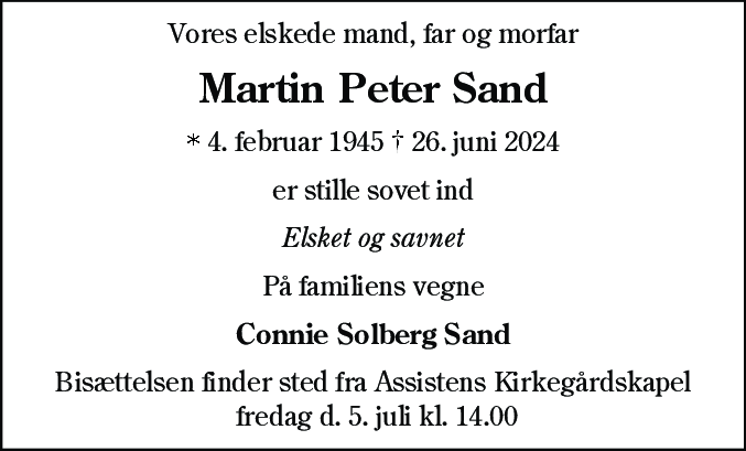 Dødsannonce for Martin Peter Sand