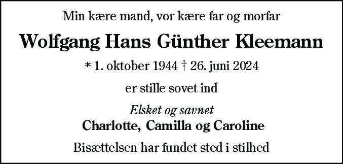 Dødsannonce for Wolfgang Hans Günther Kleemann