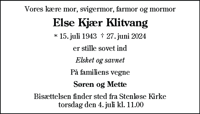 Dødsannonce for Else Kjær Klitvang