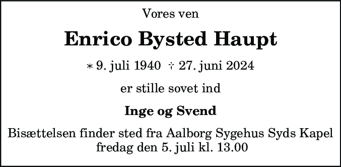 Dødsannonce for Enrico Bysted Haupt