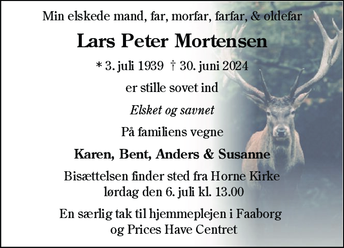Dødsannonce for Lars Peter Mortensen
