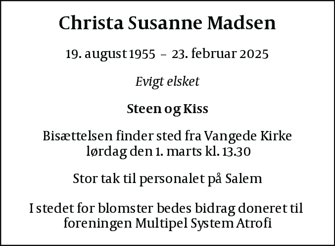 Dødsannonce for Christa Susanne Madsen