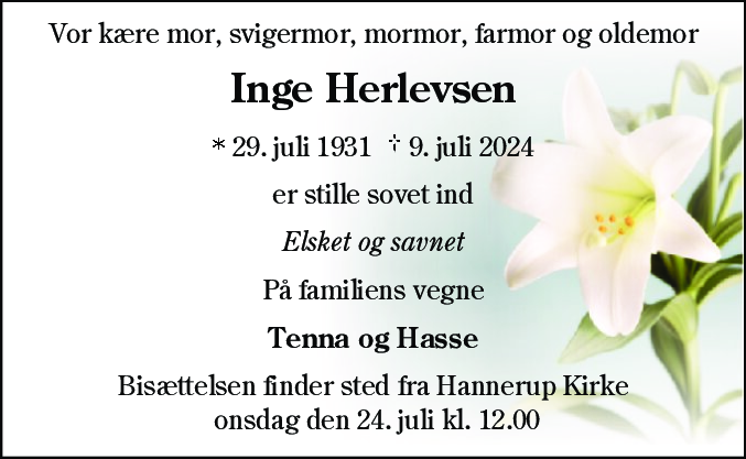 Dødsannonce for Inge Herlevsen