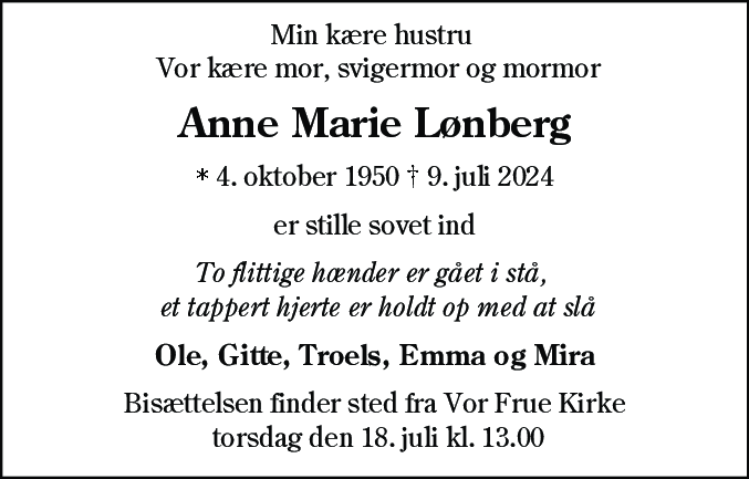 Dødsannonce for Anne Marie Lønberg