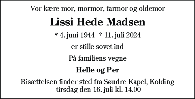 Dødsannonce for Lissi Hede Madsen