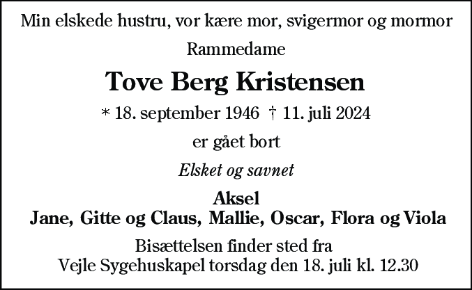 Dødsannonce for Tove Kristensen