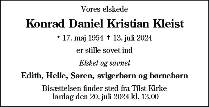 Dødsannonce for Konrad Daniel Kristian Kleist