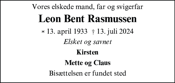 Dødsannonce for Leon Bent Rasmussen