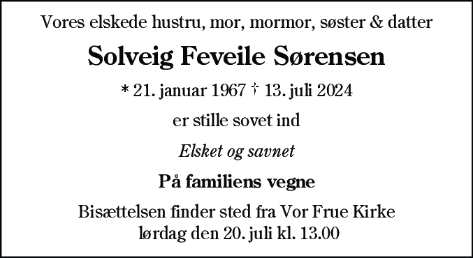 Dødsannonce for Solveig Feveile Sørensen