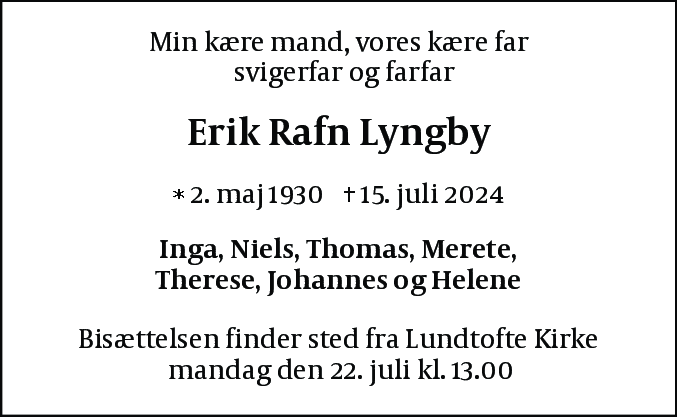 Dødsannonce for Erik Rafn Lyngby