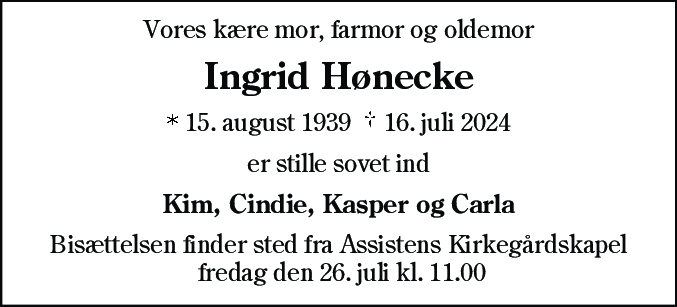 Dødsannonce for Ingrid Hønecke