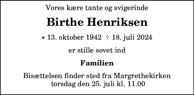 Dødsannonce for Birthe Henriksen