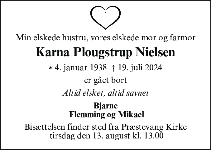 Dødsannonce for Karna Plougstrup Nielsen