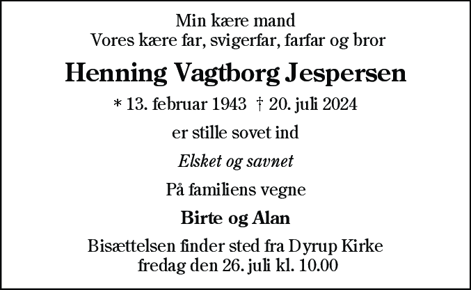 Dødsannonce for Henning Vagtborg Jespersen