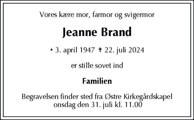 Dødsannonce for Jeanne Brand