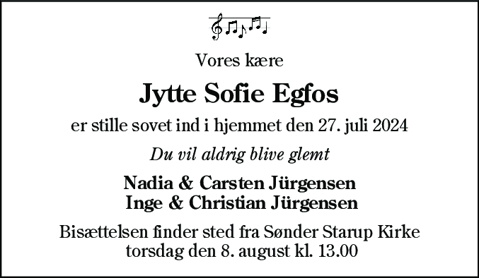 Dødsannonce for Jytte Sofie Egfos