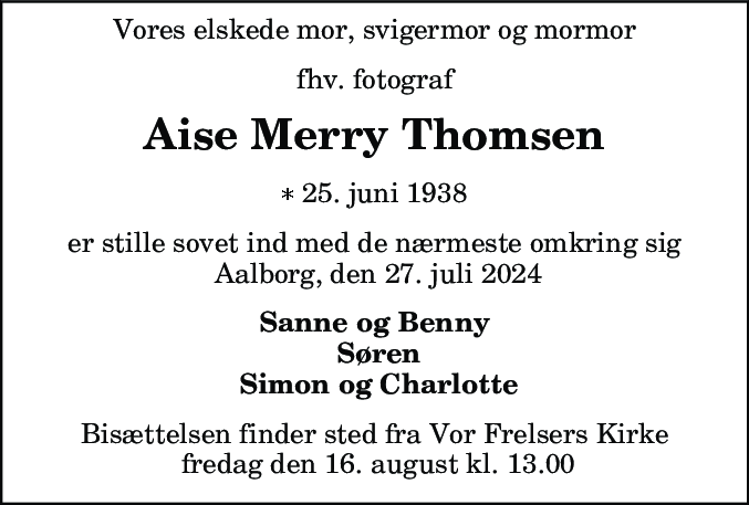 Dødsannonce for Aise Merry Thomsen