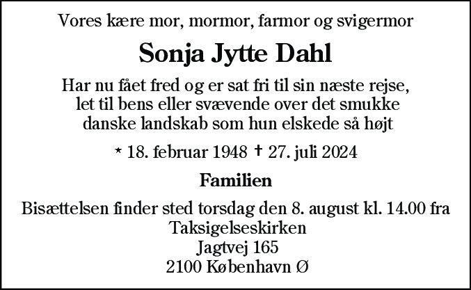 Dødsannonce for Sonja Jytte Dahl