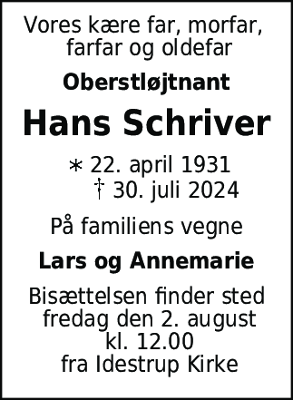 Dødsannonce for Hans Schriver