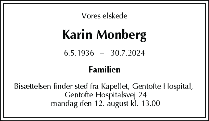 Dødsannonce for Karin Monberg